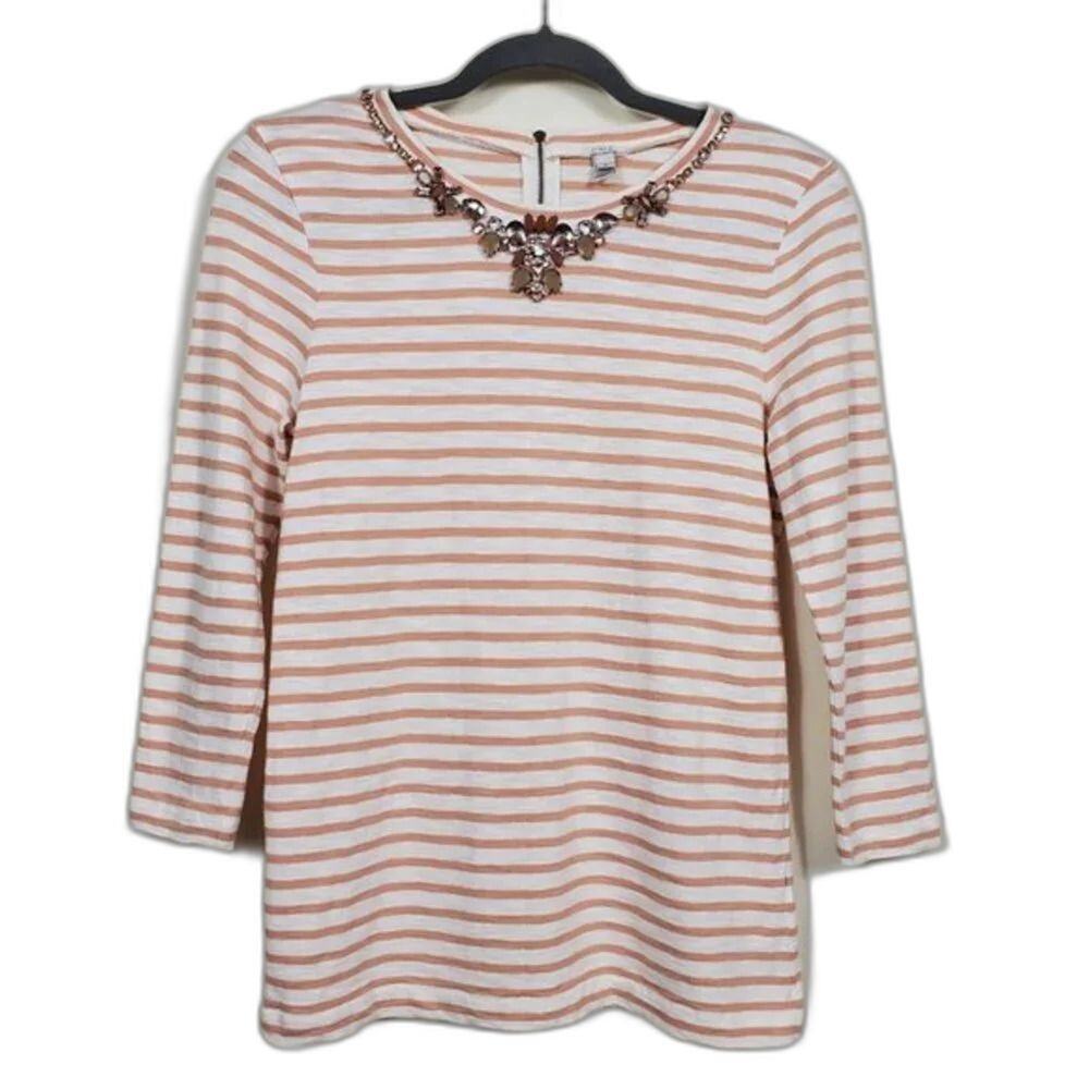 J Crew Embellished Striped Top Tan Ivory 3/4 Sleeve Women Size S Cotton